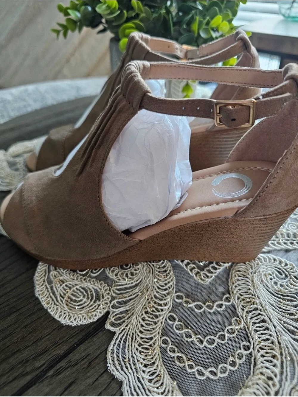 Journee Collection Tan Suede Peep-Toe Ankle Strap Heels